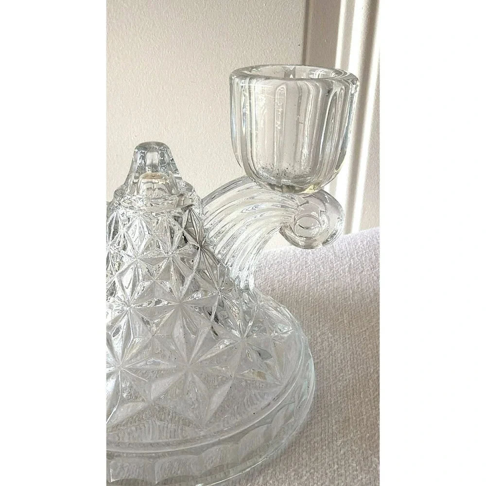 Imperial Glass Double Candlestick Holder Clear EUC Daisy Button Scrolled Arms